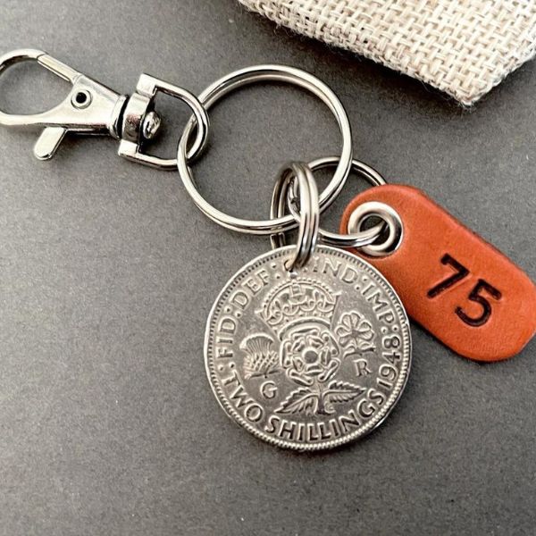 Vintage 1947 British Florin coin keychain, one of the unique 75th birthday gift ideas for dad.