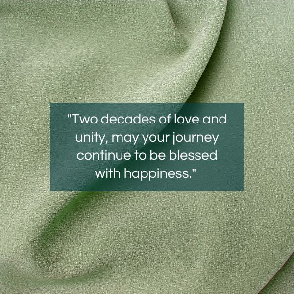 Satin background highlighting "Two decades of love and unity, may your journey continue to be blessed with happiness" for parents' anniversary.
