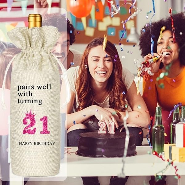 A wine bottle gift bag with a 21st birthday message, a thoughtful touch to birthday wine gifting.