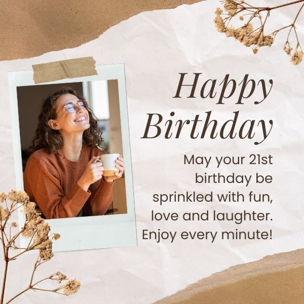 21st birthday celebration card with a smiling young woman holding a coffee mug, surrounded by autumn leaves.