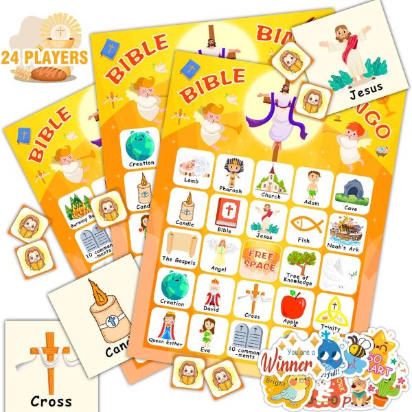 24 Players Bible Bingo Cards, perfect for group learning and fun at Easter for Christian kids