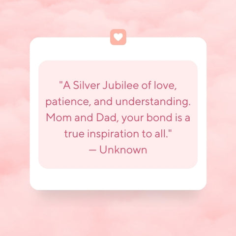 Light pink background with a square frame and heart icon anniversary quotes for parents.