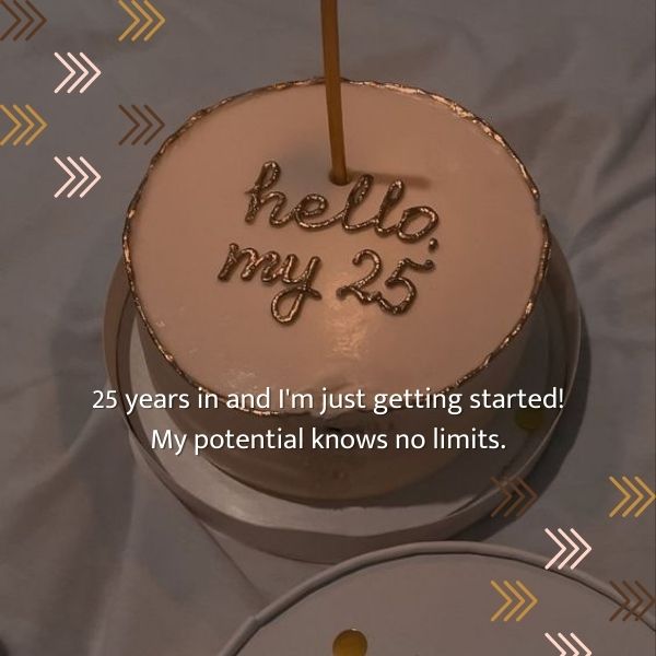 Elegant 'hello my 25' birthday cake with a candle, embodying a message of limitless potential.