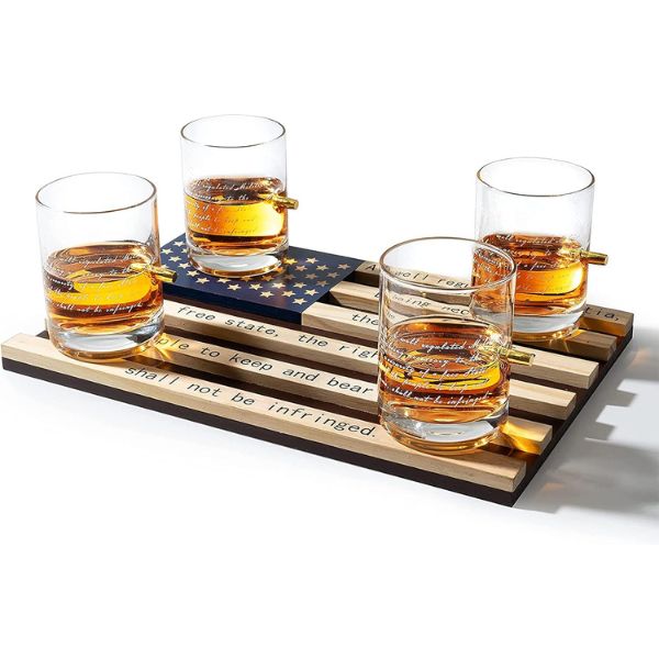 2nd Amendment Bullet Glasses with Wooden Tray, a unique choice in military retirement gifts.