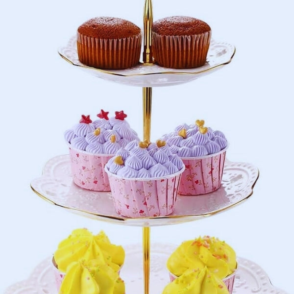 3-Tier Round Ceramic Cupcake Stand, perfect for tea party treats.