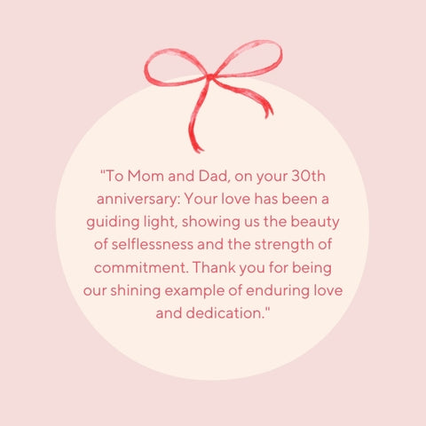 Light pink background with a red bow icon and round frame anniversary quotes for parents.