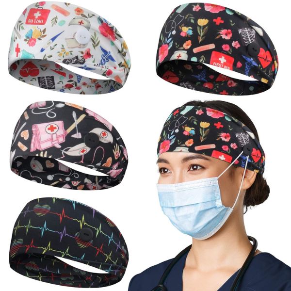 4 Pack Headband with Buttons, a comfortable solution for nurses wearing face masks.