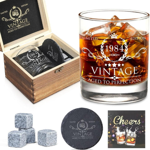 Vintage-themed whiskey glass set, a sophisticated 40th birthday gift idea for men who appreciate a refined sip.