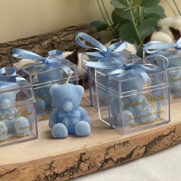 50 pcs Personalized Light Blue Teddy Bear Candle adds a cute touch to baby shower favors.