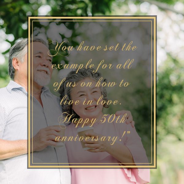 Joyful couple with 50th Wedding Anniversary celebration message in nature.