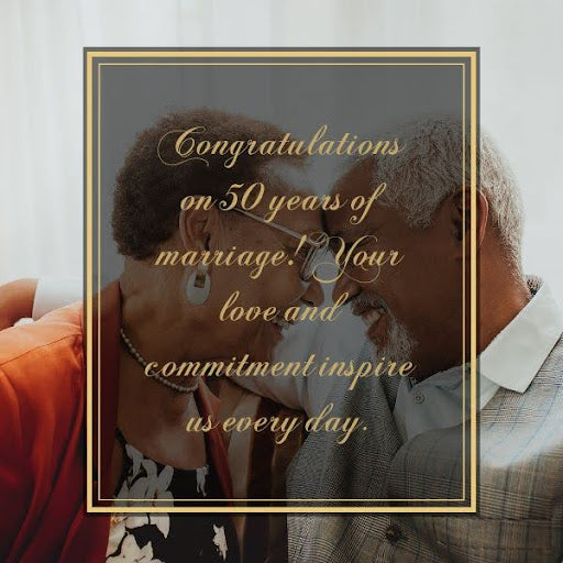 "Elderly couple close together with 50th Wedding Anniversary wishes."