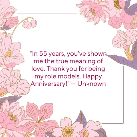 White background with pink flowers and frame anniversary quotes for parents.