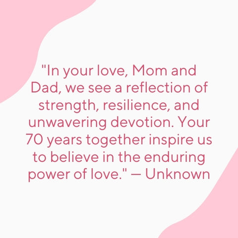 Pink wavy background with a quote about 70 years of strength and devotion.