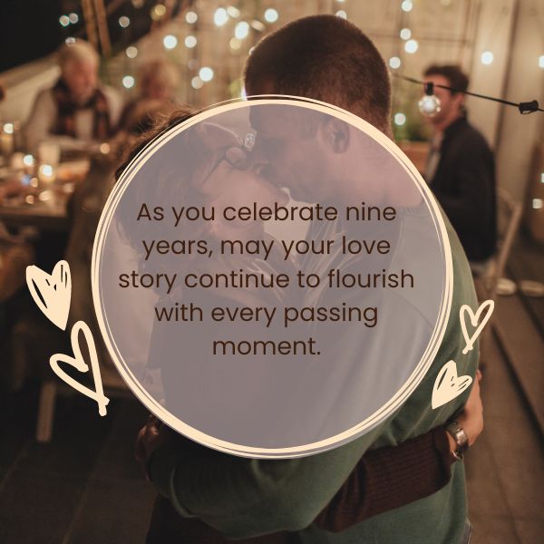 Couple embracing during their 9th anniversary celebration with a heartfelt quote.