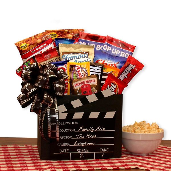 A Movie Night Gift Basket, a cinematic treat for family gift basket ideas.