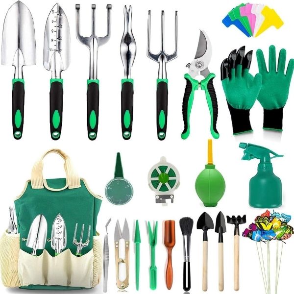 AOKIWO 20-piece heavy-duty aluminum garden tools set with ergonomic handles for Grandparents Day.