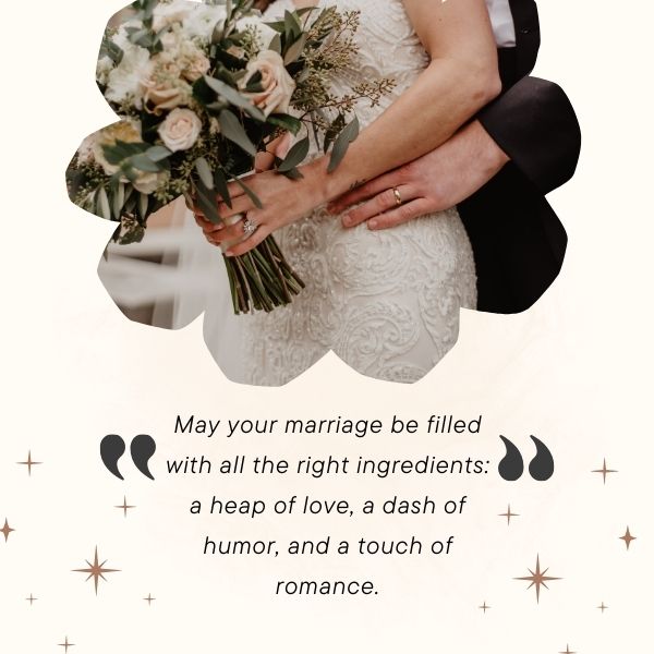 Newlyweds holding hands and bouquets with a quote about the perfect blend for a happy marriage.