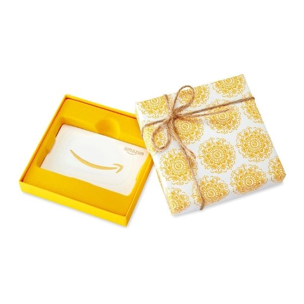 Amazon.com Gift Card in a Yellow Swirl Box for versatile teacher appreciation gifts.