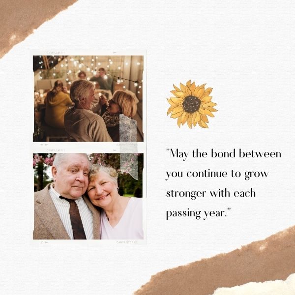 An elder couple enjoying a dance with a quote wishing for their bond to grow stronger with each year.