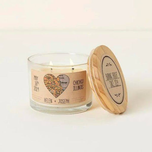 Anniversary Map Candle, a customized 5 year anniversary gift illuminating cherished places.