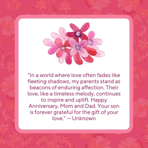 Red floral background with a quote about parents' love from their son.