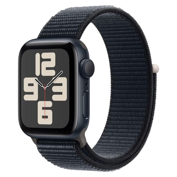 The Apple Watch SE 2nd Generation with a dark woven band, a high-tech Grandparents Day gift idea