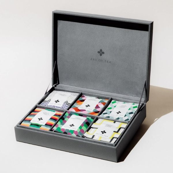 Art of Tea assorted teabag sachet 6-section gift box, ideal New Year's Eve hostess gift for tea enthusiasts.