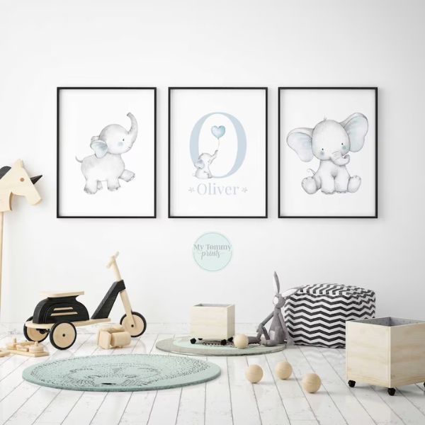 Baby Elephant Nursery Decor Prints, adorable artwork for baby boy gifts.