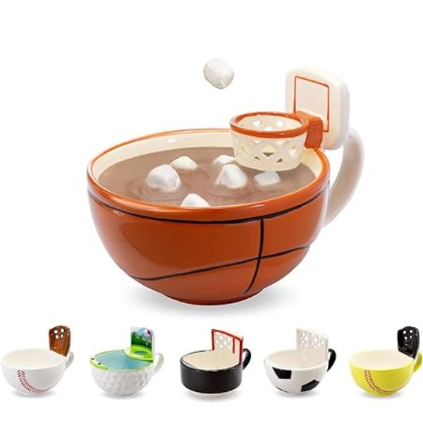 Basketball-shaped coffee mug on court - themed basketball coach gifts