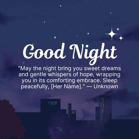 Good night message for her with a city skyline and stars in the night sky.