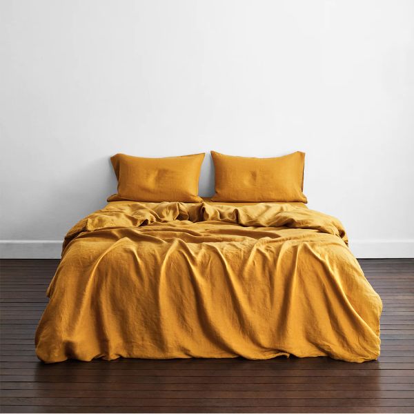 Bed Threads' turmeric flax linen bedding set, a luxurious Valentine gift for wife.