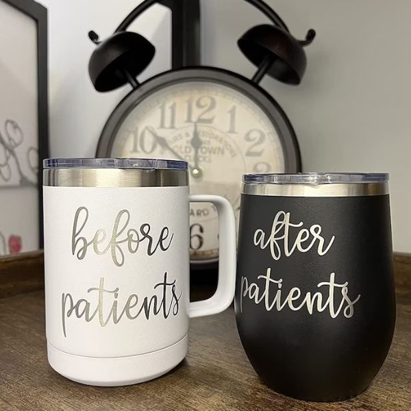 Before Patients, After Patients Mug and Glass Set, a humorous and practical gift for nurses to start and end their day with a smile.