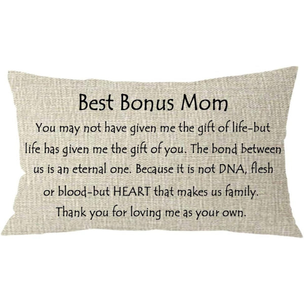 Best Bonus Mom lumbar burlap pillowcase, combining comfort with heartfelt sentiment in home décor.