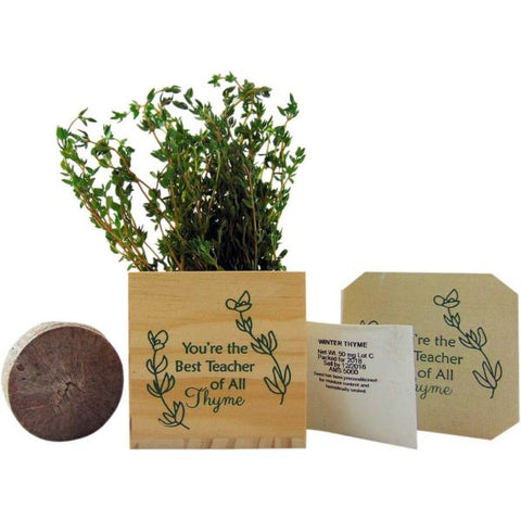Best Teacher of All Thyme Wooden Plant Pot, a creative gift for gardening enthusiasts.