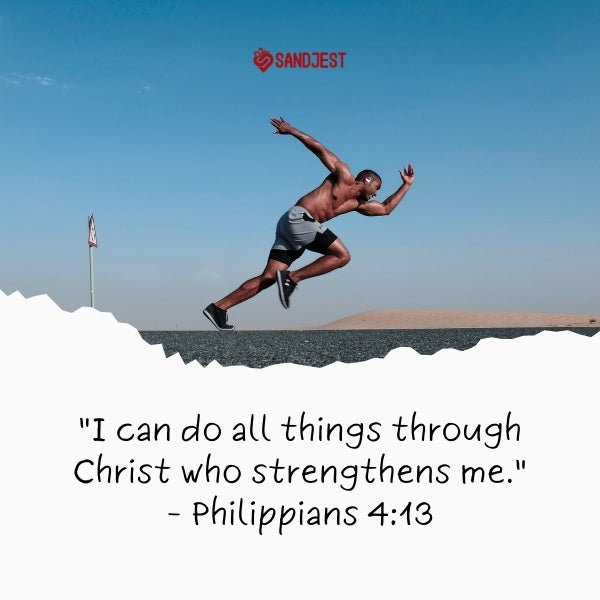 A male athlete leaps in the air on a beach, embodying Bible quotes about sports and inner strength.