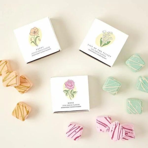 Birth month flower shower steamers, personalized and refreshing gifts under $50 for her