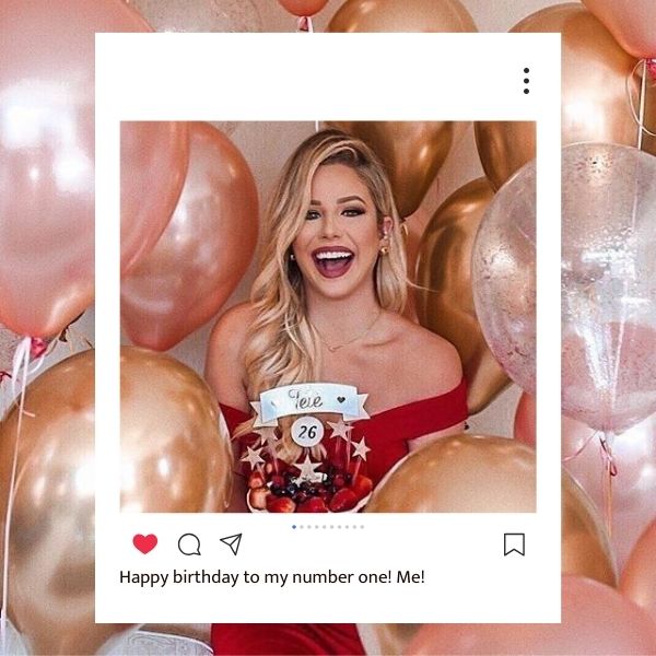 Joyful birthday girl with balloons, sharing a self-love birthday post.