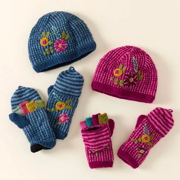 Blossom hat and texting gloves set, cozy gifts under $50 for her winter wardrobe.