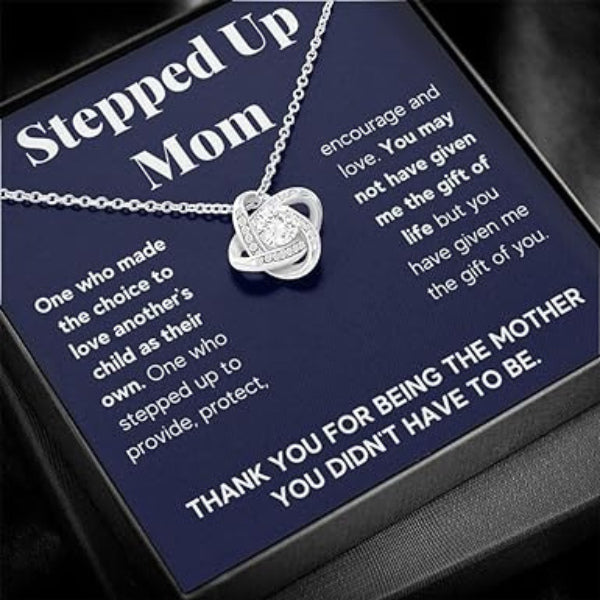 Elegant 'Stepped Up Mom' love knot necklace, a stylish symbol of the bond shared with stepmoms.