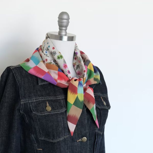 Bright and colorful floral check scarf, a stylish 60th anniversary gift.