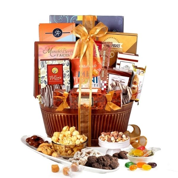 A bountiful Broadway Basketeers gift basket filled with an assortment of chocolates and treats for Grandparents Day.