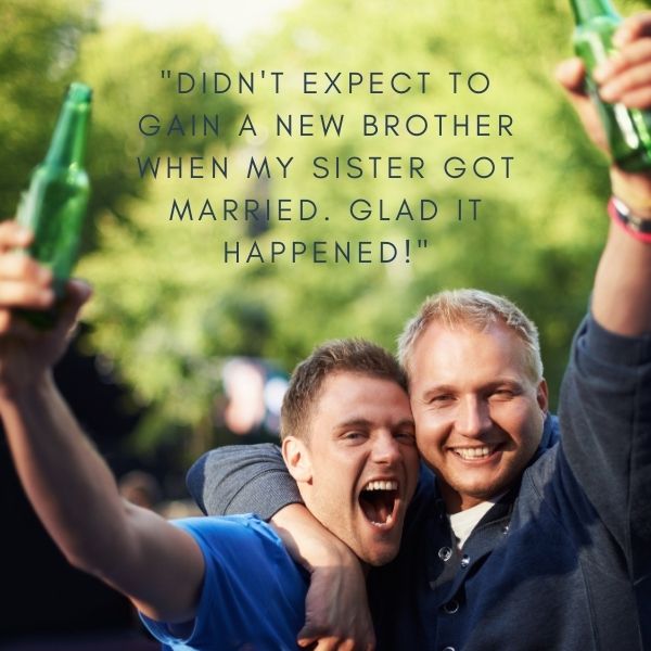 Two men celebrating with a toast, representing the joy of gaining a brother through marriage.