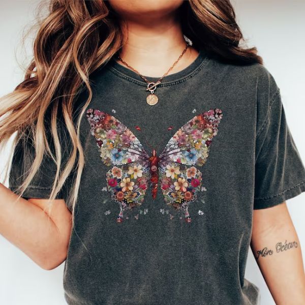 Casual tee adorned with a butterfly floral design, perfect for butterfly gift ideas.