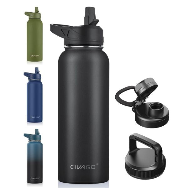 Stay hydrated on the go with the CIVAGO 40 oz Insulated Water Bottle With Straw, Stainless Steel Sports Water Cup Flask with 3 Lids, a versatile and durable hydration solution.