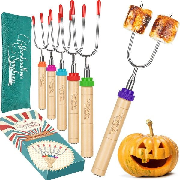Set of campfire roasting sticks for marshmallows and hot dogs, great New Year's Eve hostess gift.