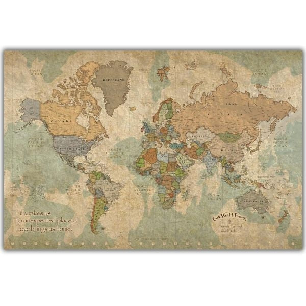 Canvas Vows Push Pin World Travel Map, an ideal wedding gift for couples who love to travel.