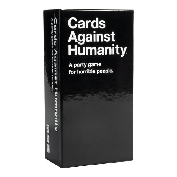 Cards Against Humanity game box, a party game for adults.