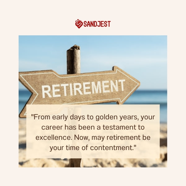 Wooden sign pointing towards 'RETIREMENT' with a beach in the background.