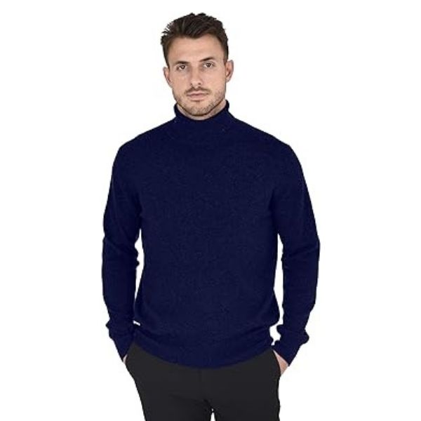 Stylish man in a deep blue Cashmeren knit turtleneck sweater, a cozy Grandparents Day gift.