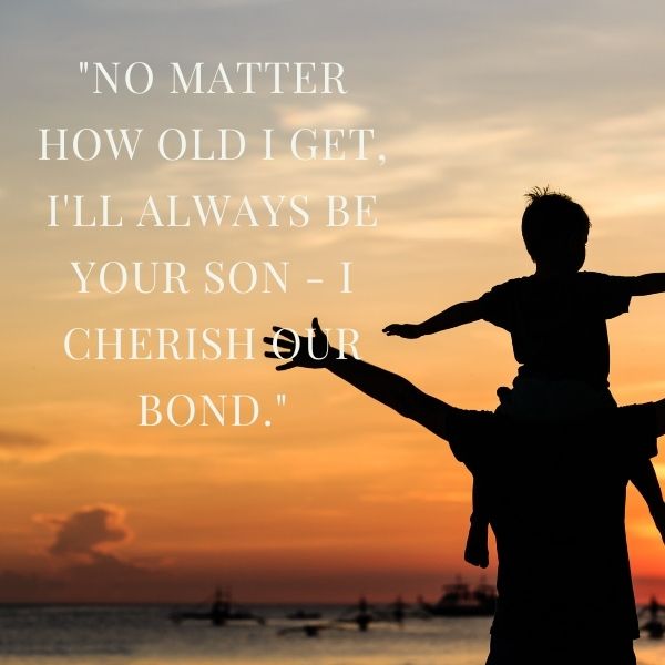 Father carrying son on his shoulders by the sea with a quote about their eternal bond.